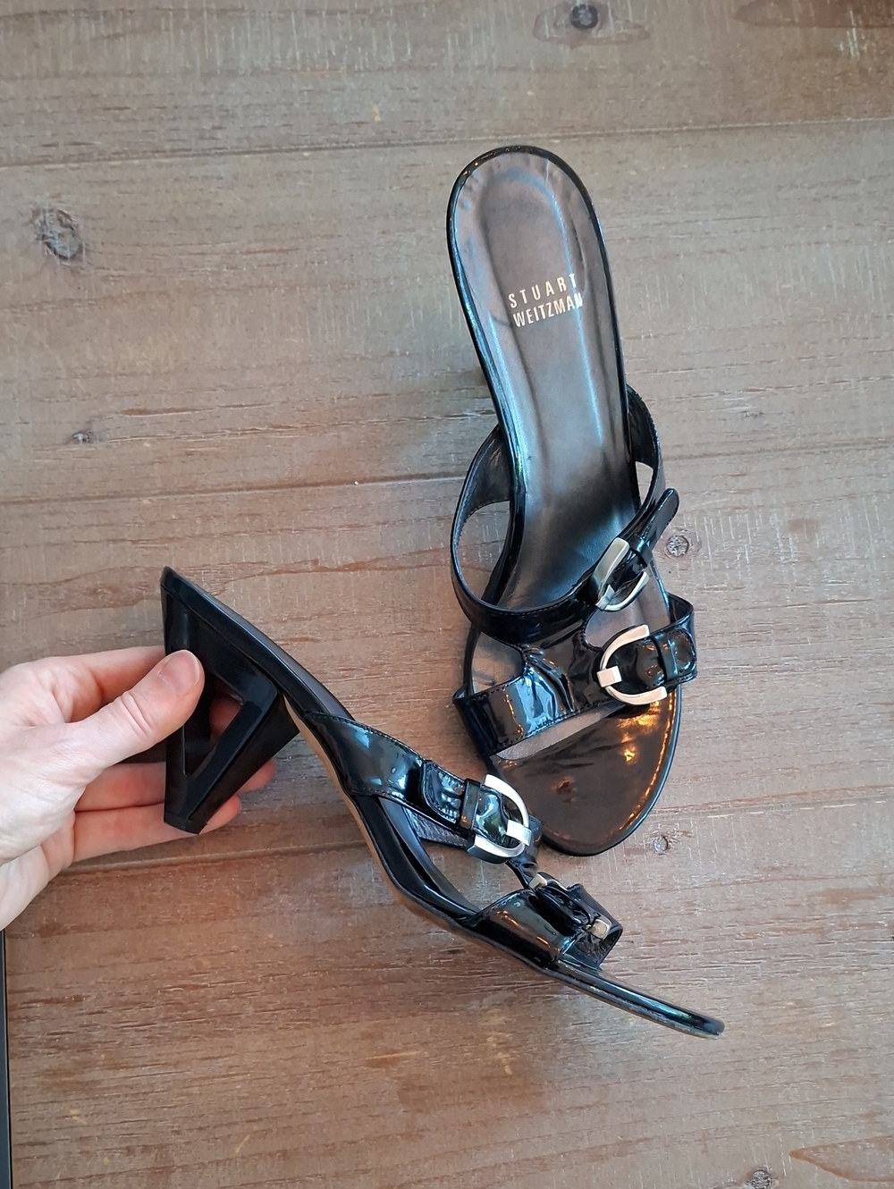 Stuart Weitzman Vintage 90's/Y2K Black Patent Leather Buckle Mules (US 8.5)